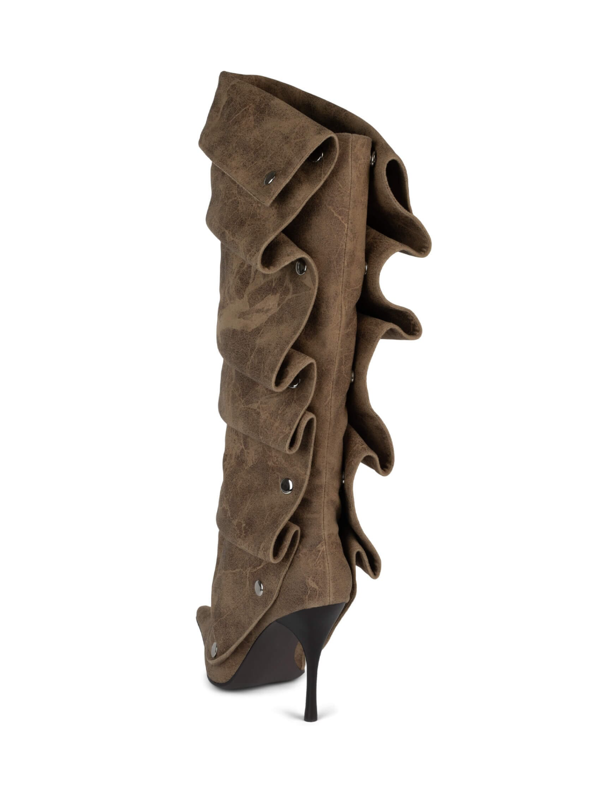 Distressed Taupe Pointed-Toe Mid Calf Full-Zip Stiletto Boots With Snap-Off Fold-Over Panel