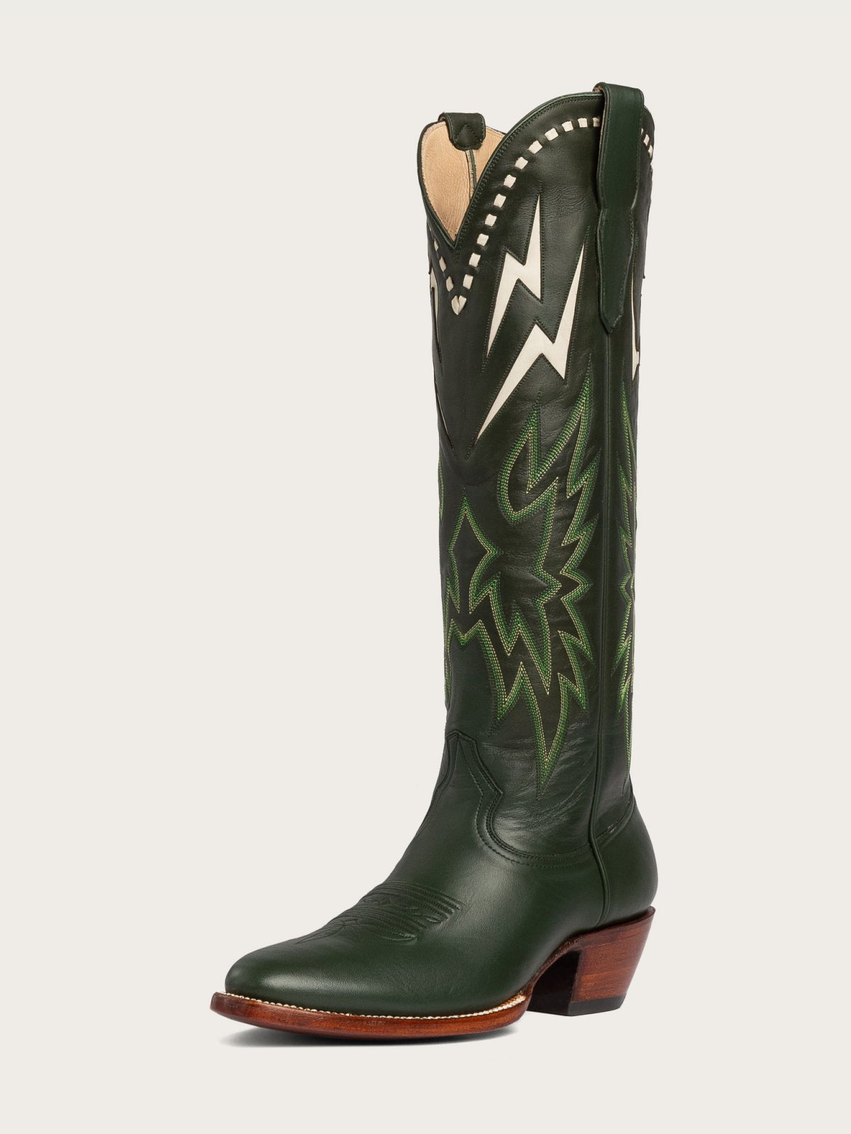 White Lightning Inlay Stitch Embroidery Almond-Toe Wide Mid Calf Tall Cowgirl Boots - Dark Green