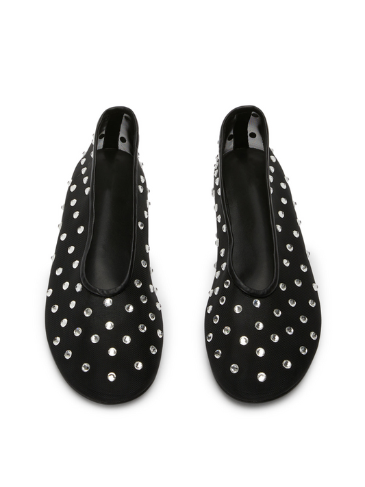 Black Sparkle Rhinestone Strass Semi-Transparent Mesh Flats Slip-On Ballerinas