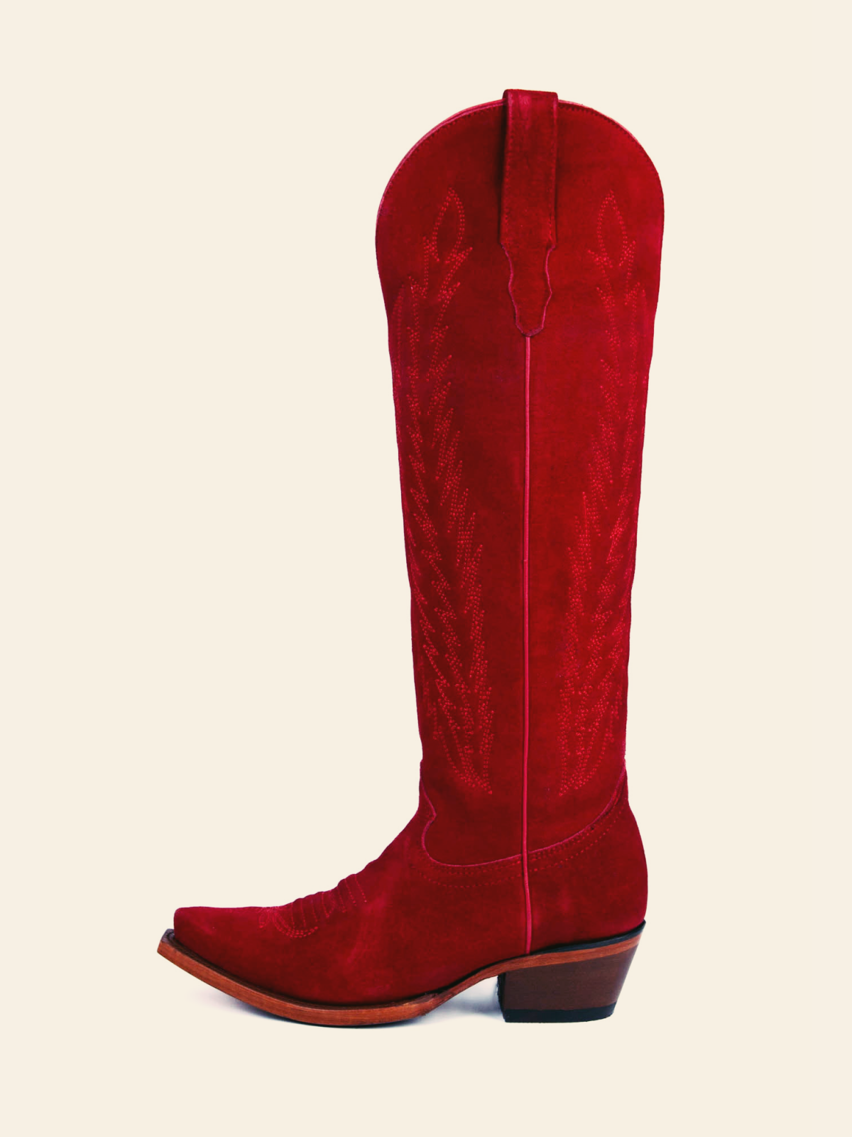 Red Faux Suede Embroidery Half Zip Cowgirl Boots Mid Calf Western Tall Boots