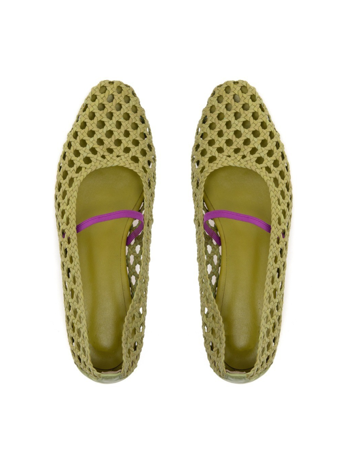 Woven Hollow-Out Square-Toe Ballet Flats Mary Janes In Olive Green