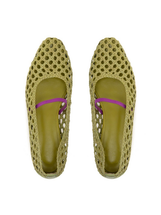 Woven Hollow-Out Square-Toe Ballet Flats Mary Janes In Olive Green