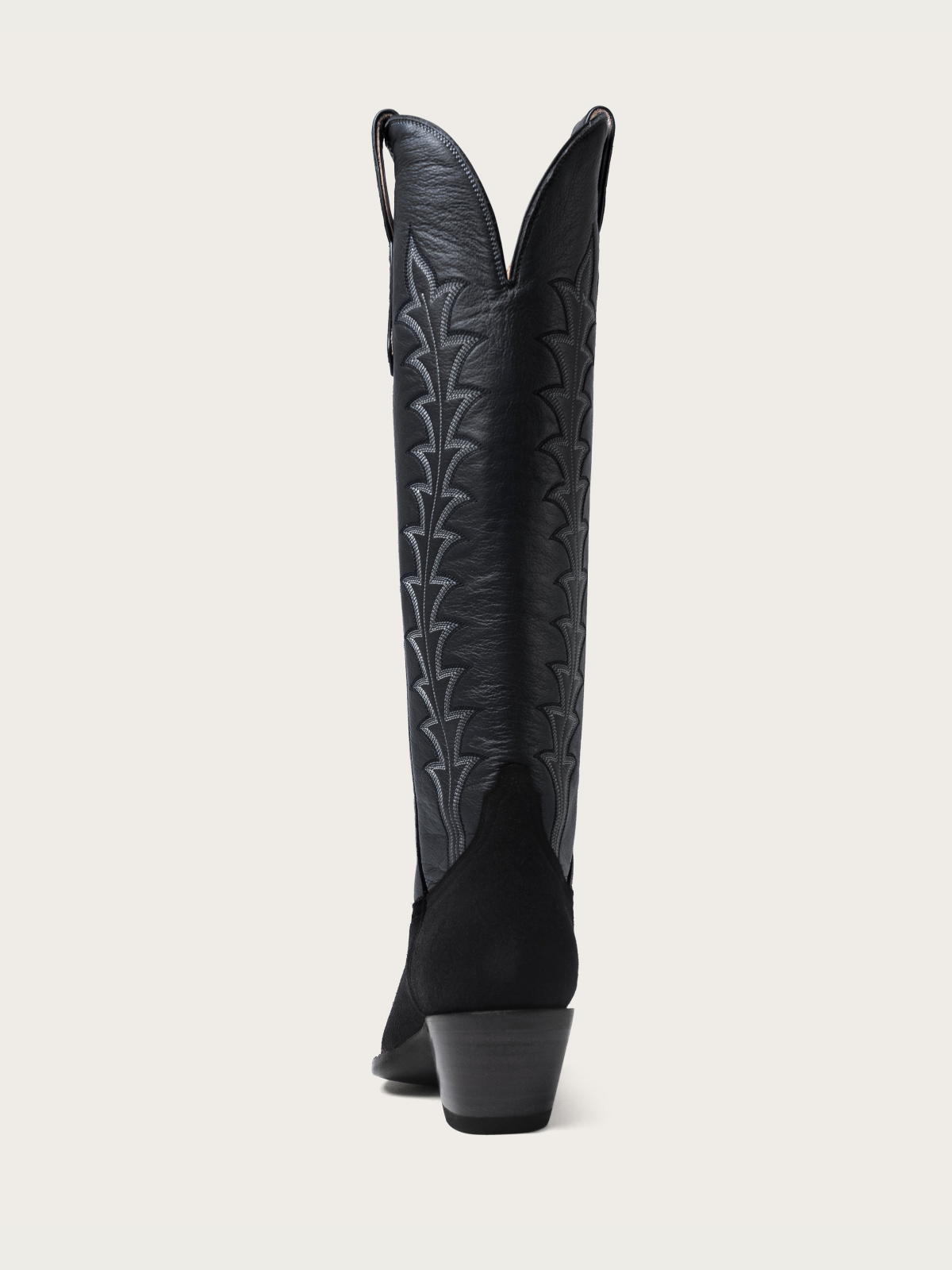 Faux Suede & Vegan Leather Embroidery Almond-Toe Wide Mid Calf Cowgirl Boots in Contrast Black