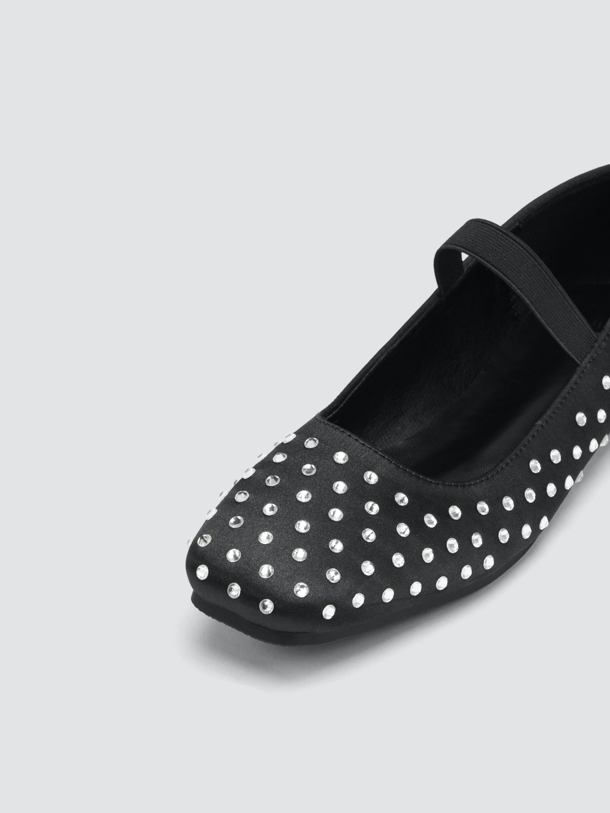 Black Satin Rhinestone Square-Toe Ballet Flats Mary Janes With Elastic Strap