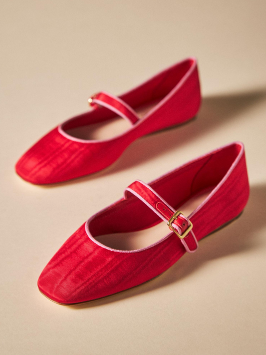 Red Satin Square-Toe Flats Mary Janes With Buckled Strap