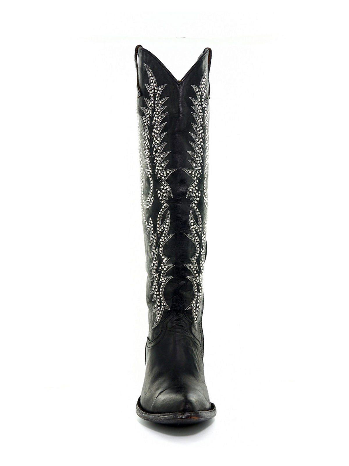 Black Almond-Toe Crystal Embroidery Half-Zip Tall Knee High Cowgirl Boots