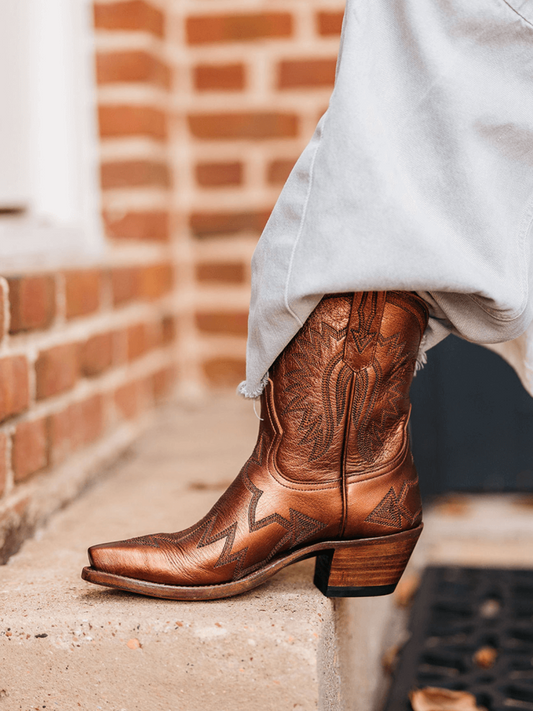 Metallic Embroidery Snip-Toe Wide Mid Calf Cowgirl Boots - Burnt Orange