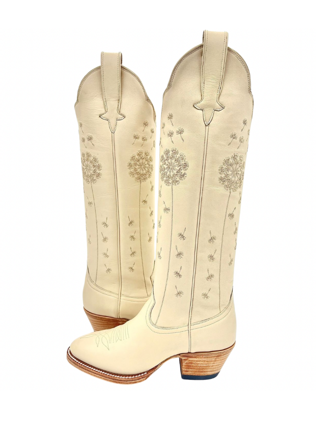 Bone Almond-Toe Dandelion Embroidery Wide Calf Knee High Cowgirl Boots