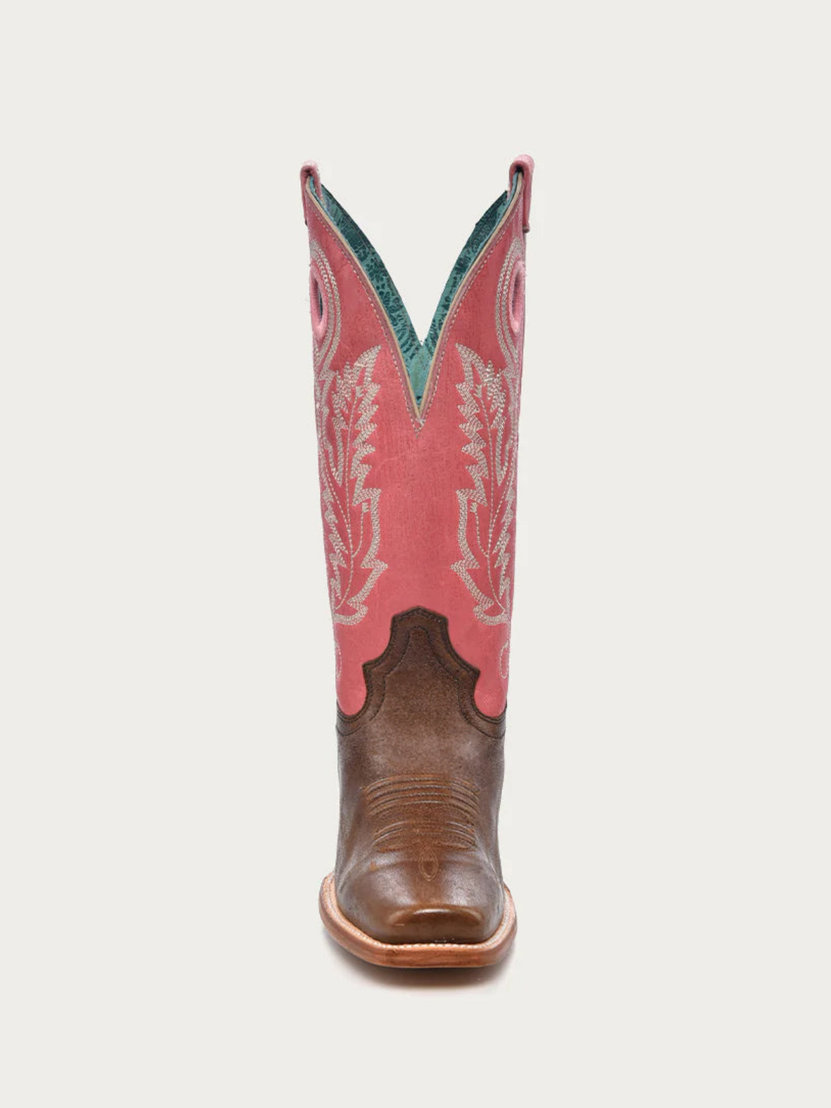 Cut-Out Square-Toe Embroidery Wide Mid Calf Cowgirl Boots - Contrast Brown And Pink