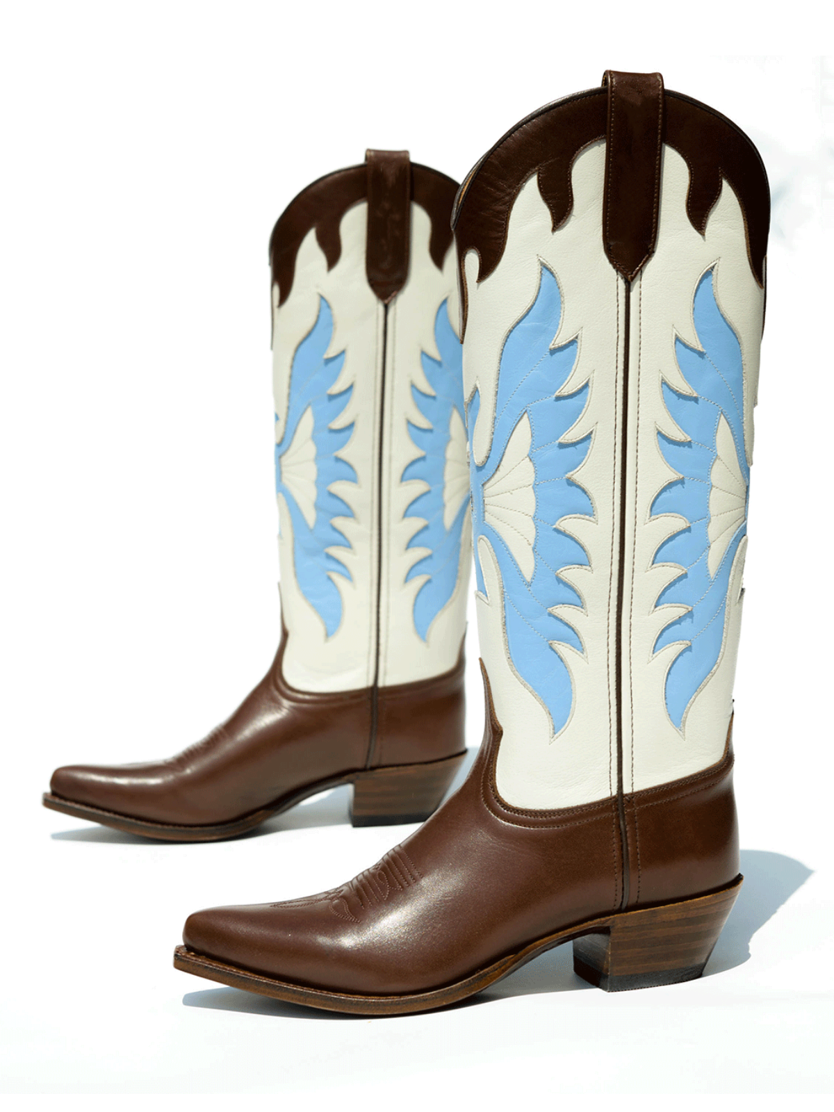 Contrast Tri-Color Snip-Toe Eagle Inlay Wide Mid Calf Tall Cowgirl Boots