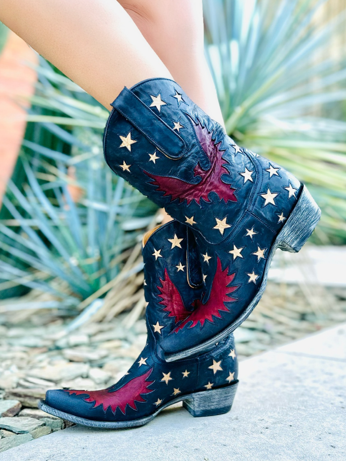 Navy Blue Snip-Toe Star And Eagle Inlay Wide Mid Calf Short Cowgirl Boots