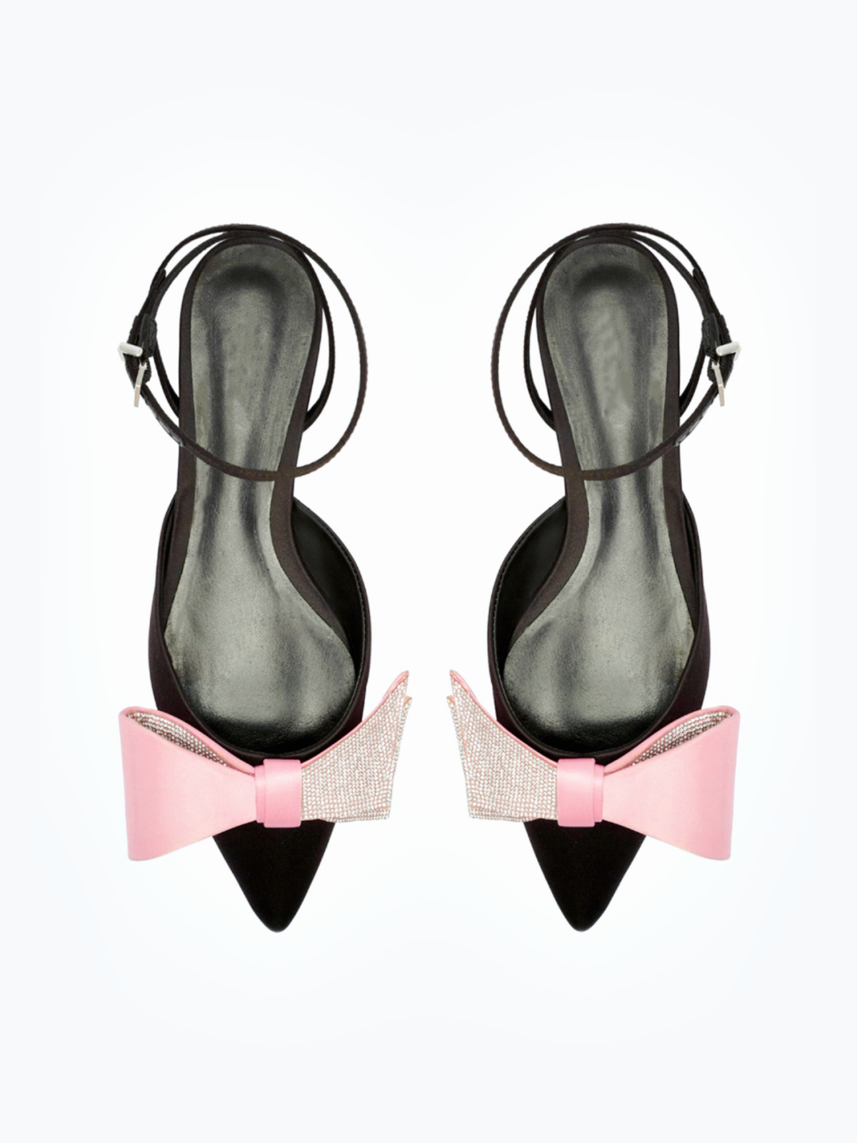 Black Satin Pink Rhinestone Bow Pointy Flats With Ankle Wrap Strap