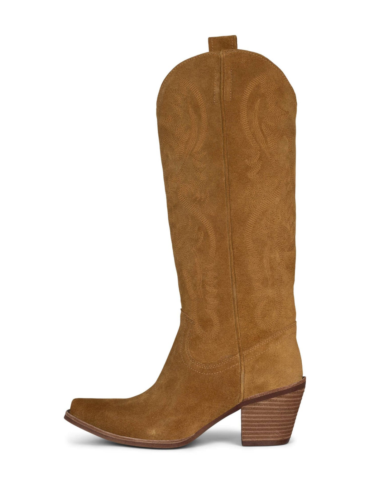 Faux Suede Snip-Toe Classic Embroidery Wide Mid Calf Cowgirl Boots - Tan