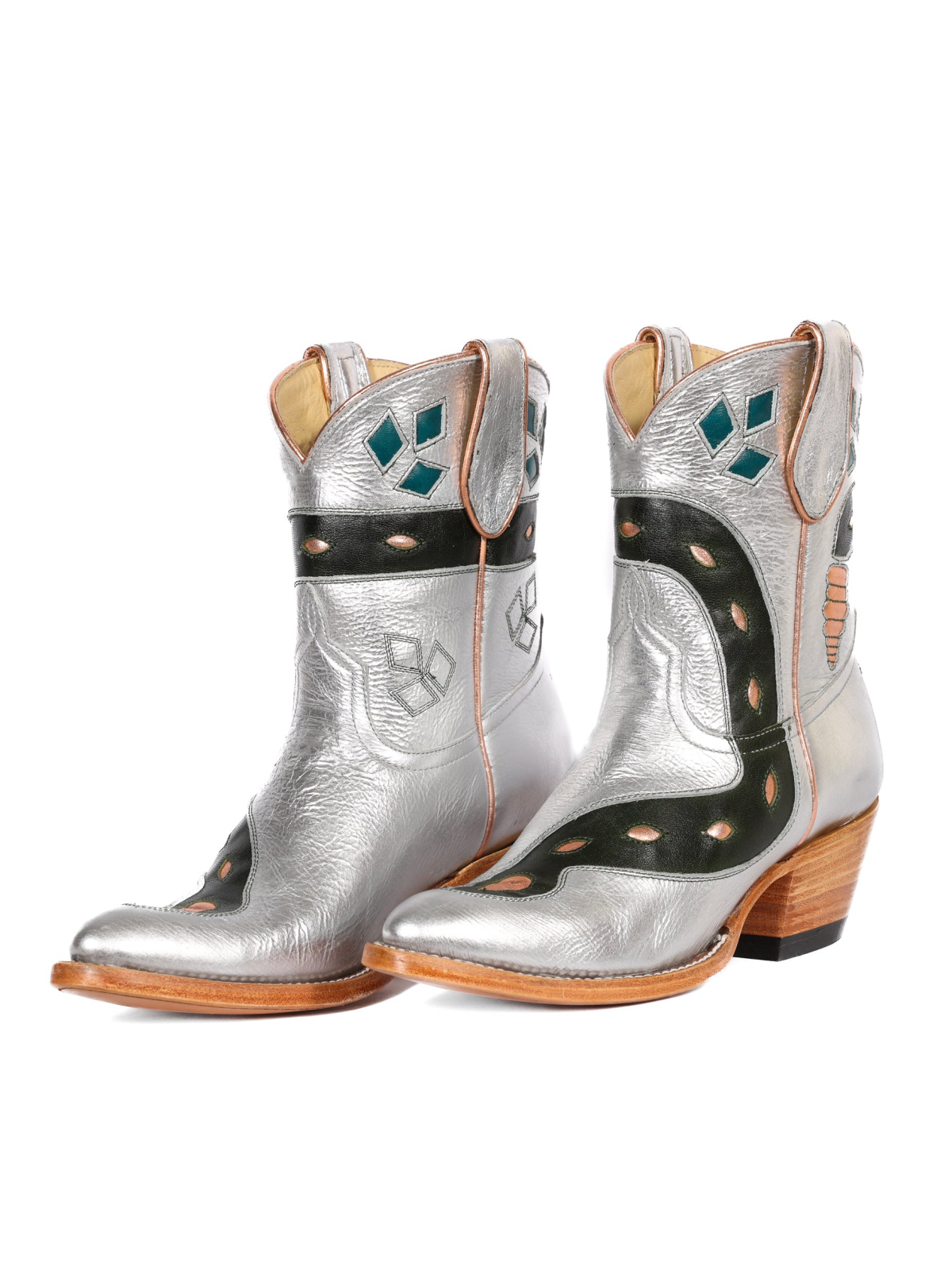 Metallic Silver Almond-Toe Snake Inlay Wide Mid Calf Cowgirl Boots