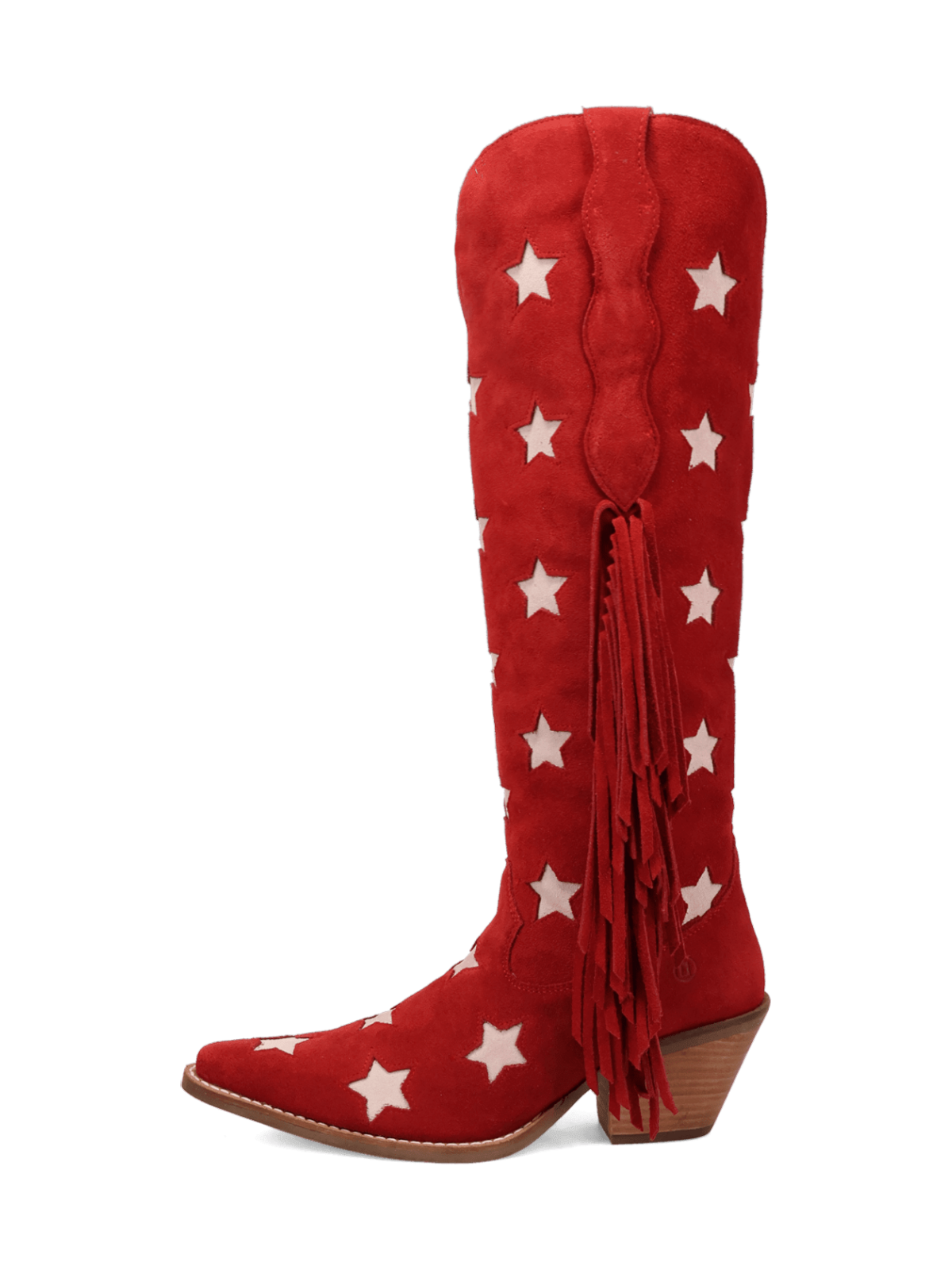 Red Faux Suede Snip-Toe Fringe Star Inlay Wide Calf Knee High Tall Cowgirl Boots