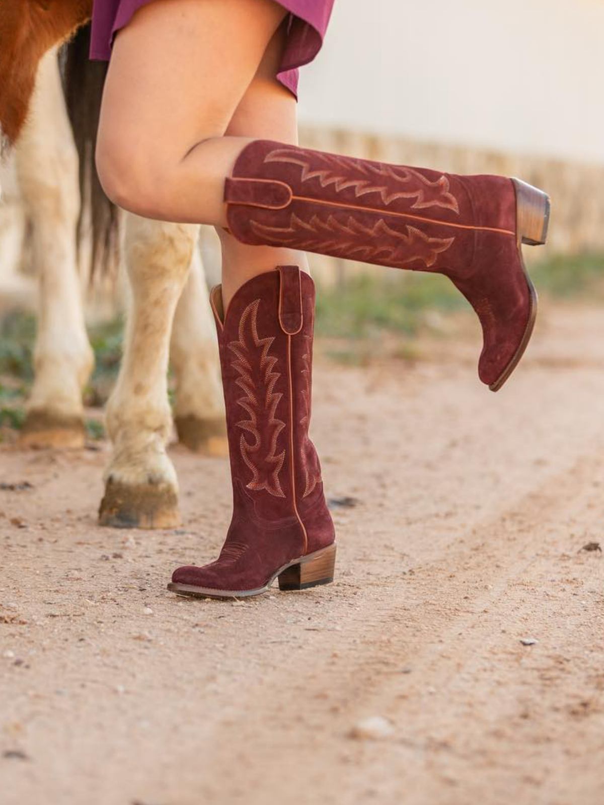 Maroon Faux Suede Embroidery Almond-Toe Wide Mid Calf Cowboy Tall Boots For Women