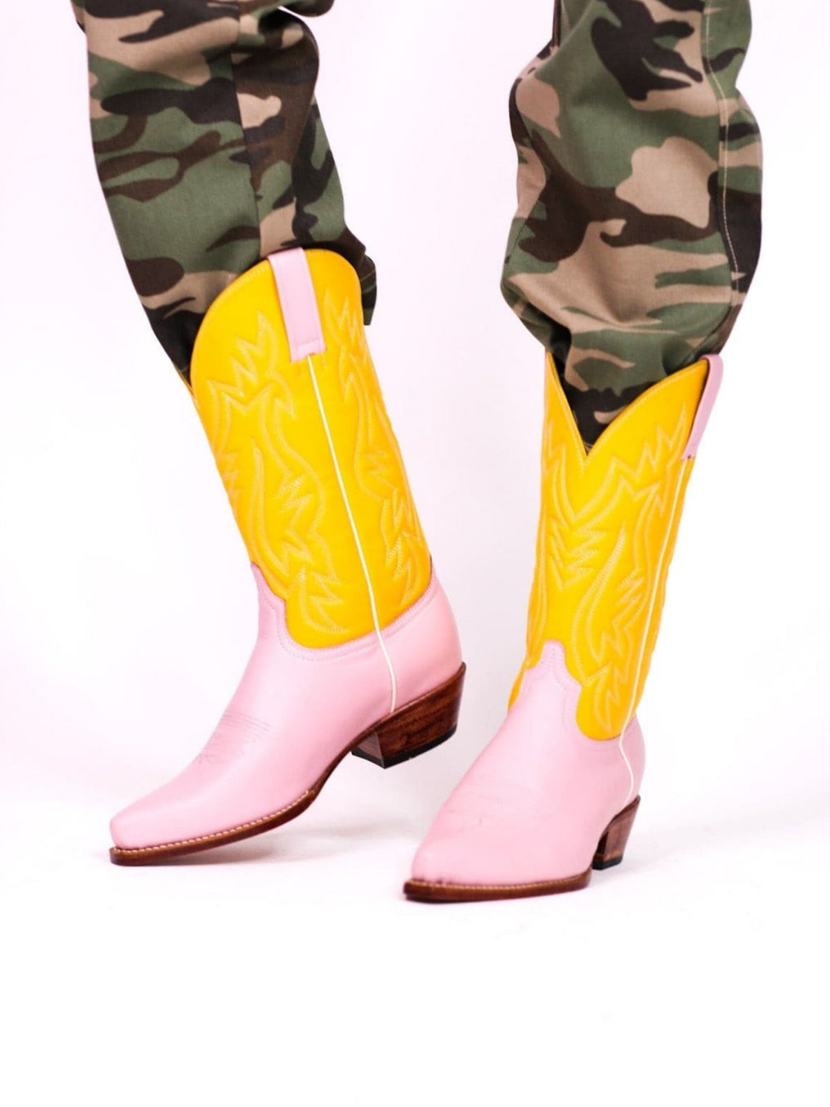 Contrast Yellow And Pink Snip-Toe Embroidery Wide Mid Calf Cowgirl Boots