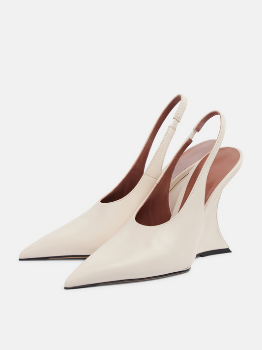 White Pointed-Toe Slingback Pump With Covered Curved Heel