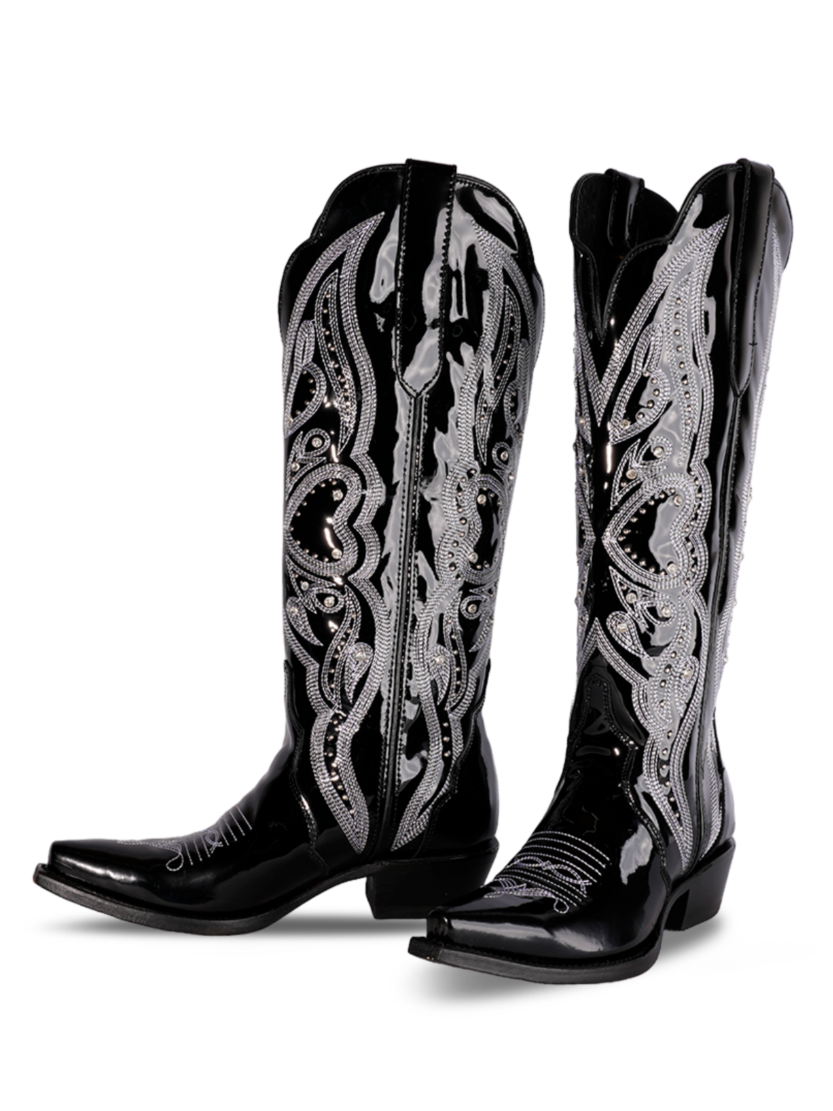 Patent Black Snip-Toe Embroidery Studded Rhinestone Wide Calf Tall Knee High Cowgirl Boots