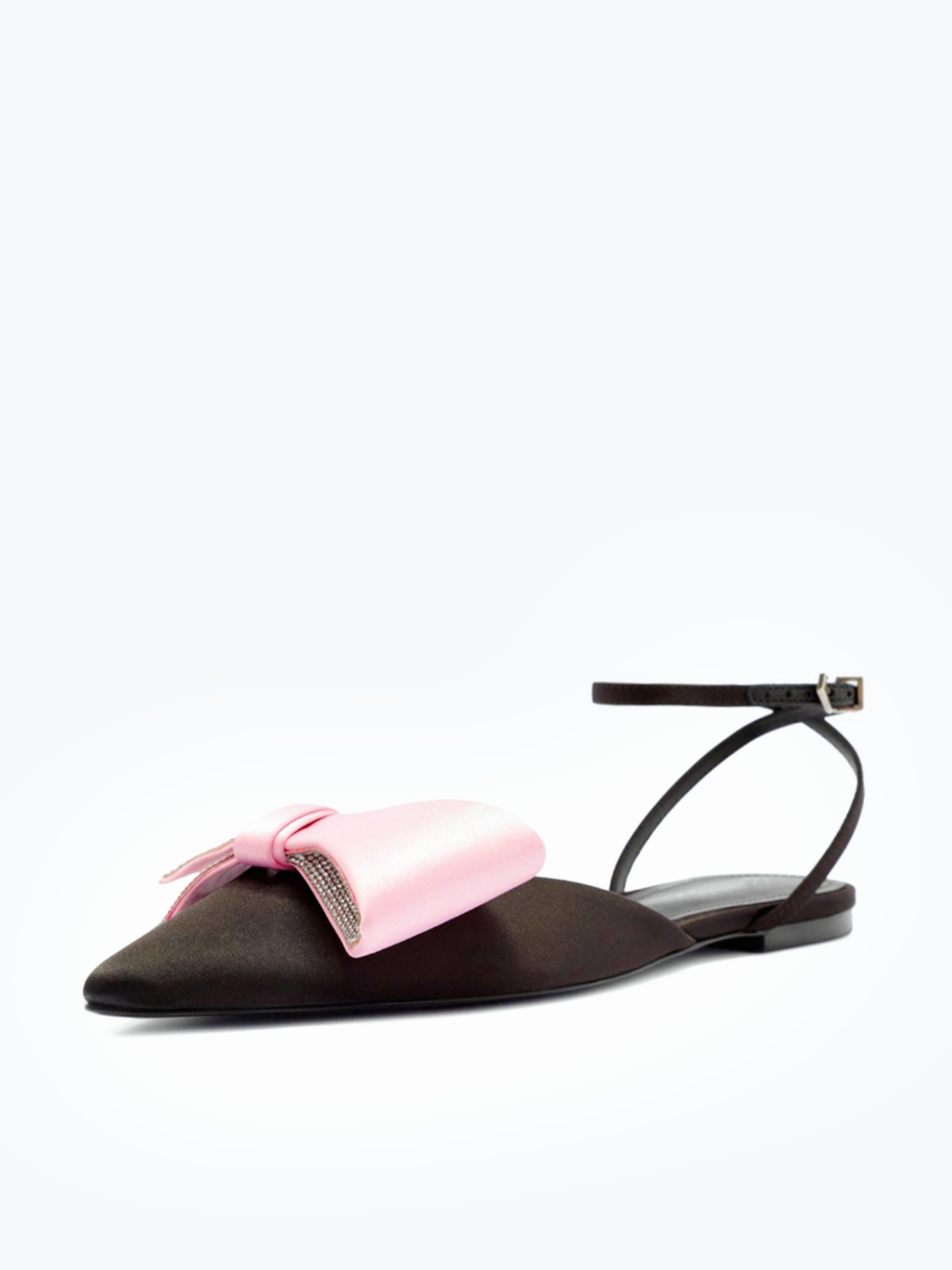 Black Satin Pink Rhinestone Bow Pointy Flats With Ankle Wrap Strap