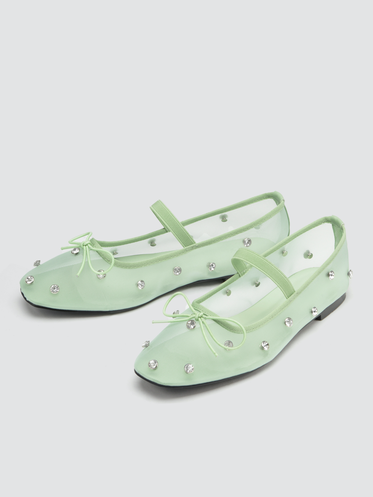 Green Mesh Rhinestone Bow Square-Toe Ballet Flats Mary Janes