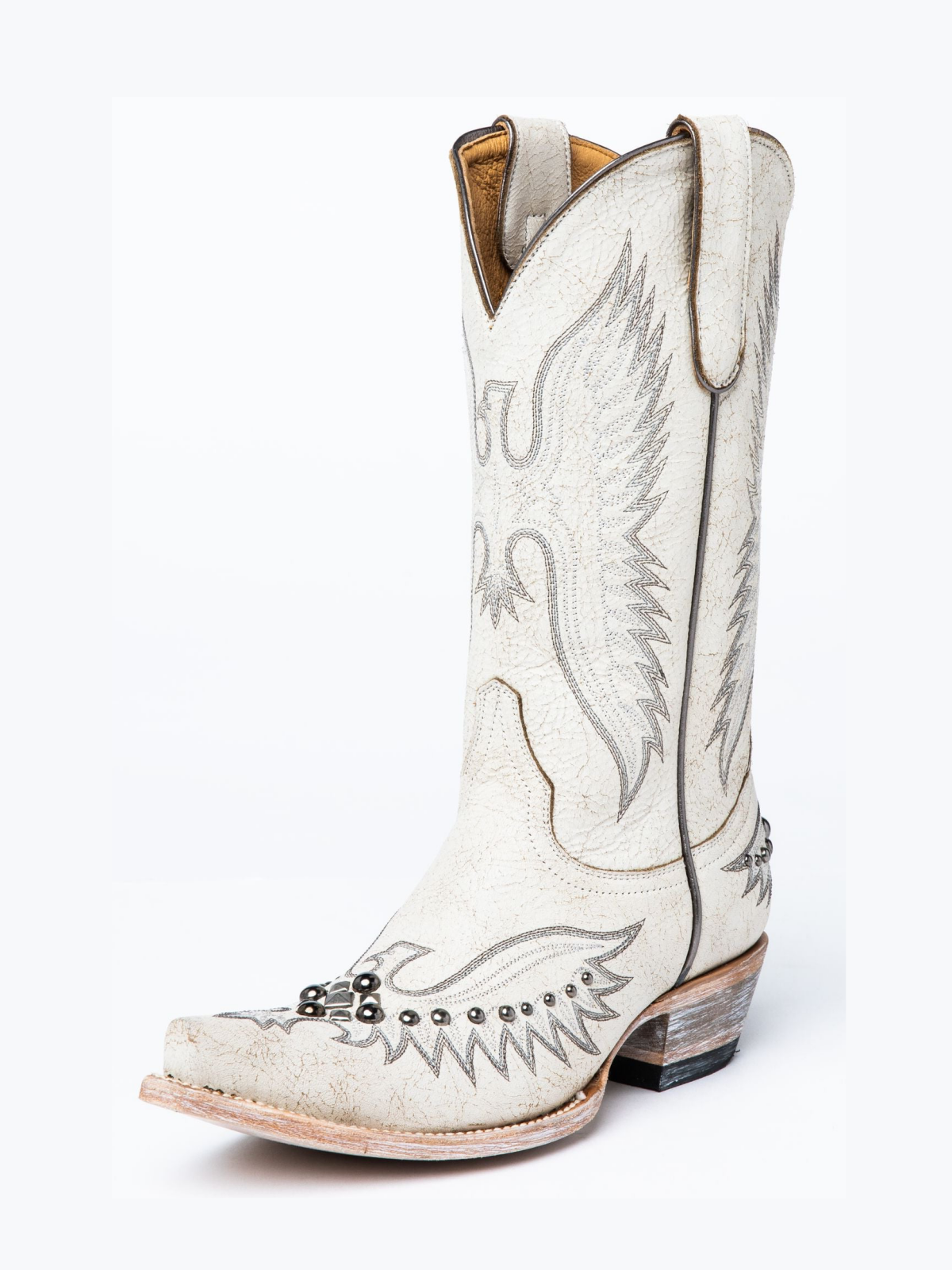 Distressed White Snip-Toe Studded Eagle Embroidery Wide Mid Calf Tall Cowgirl Boots