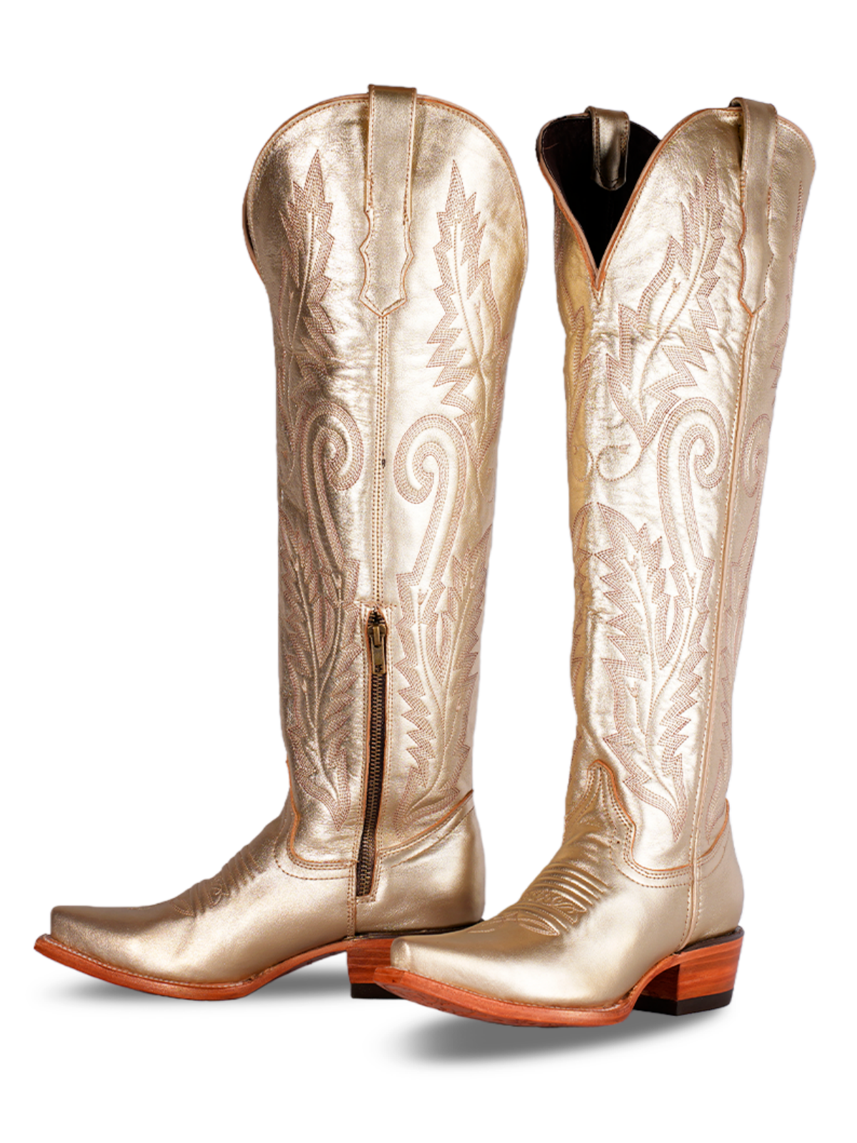 Metallic Gold Snip-Toe Leaf Embroidery Half-Zip Over-The-Knee Cowgirl Boots