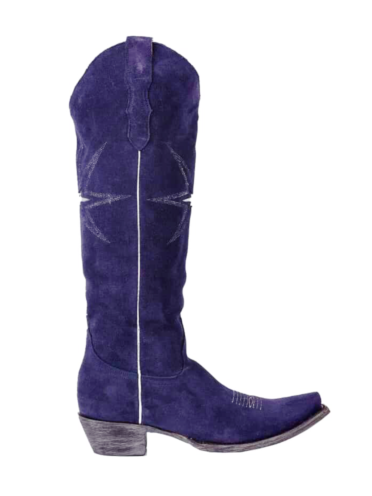 Indigo Faux Suede Snip-Toe Starburst Inlay Embroidery Half-Zip Tall Knee High Cowgirl Boots