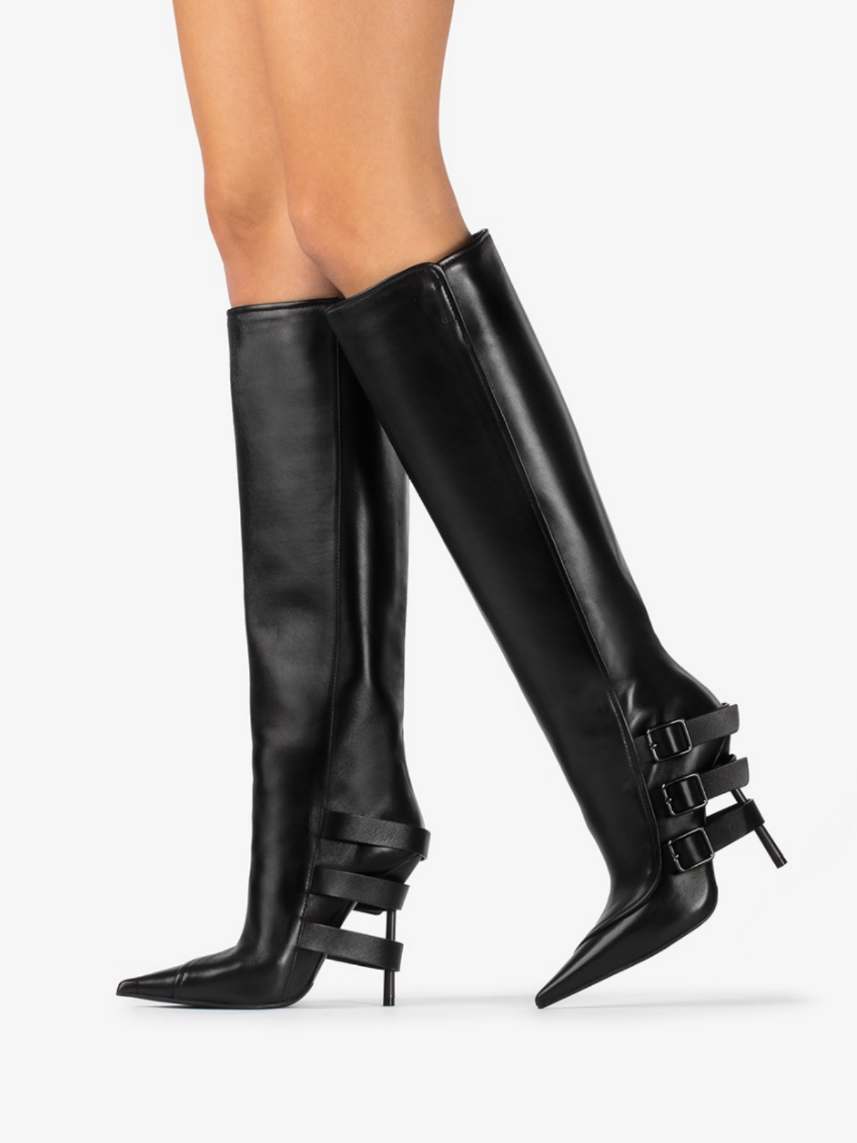 Black Pointed-Toe Wide Mid Calf Stiletto Boots With Buckles