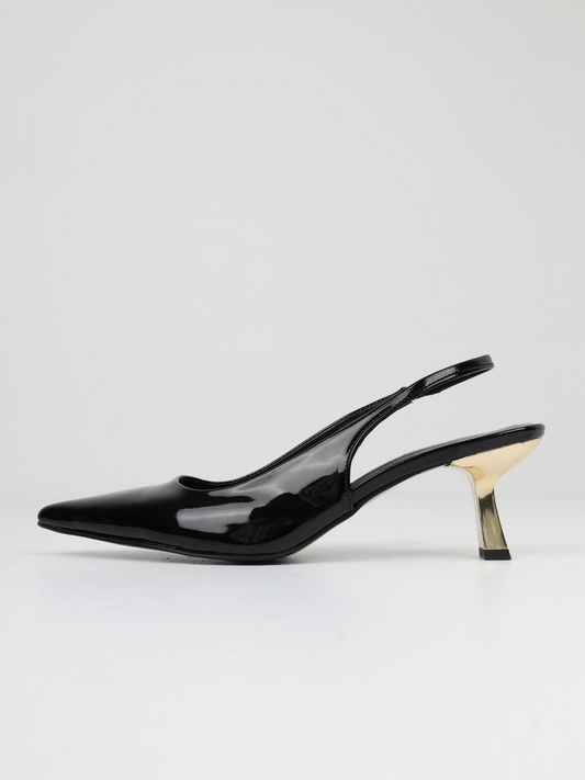 Black Patent Pointy Slingback Pumps With Sculptural Gold Kitten Heels