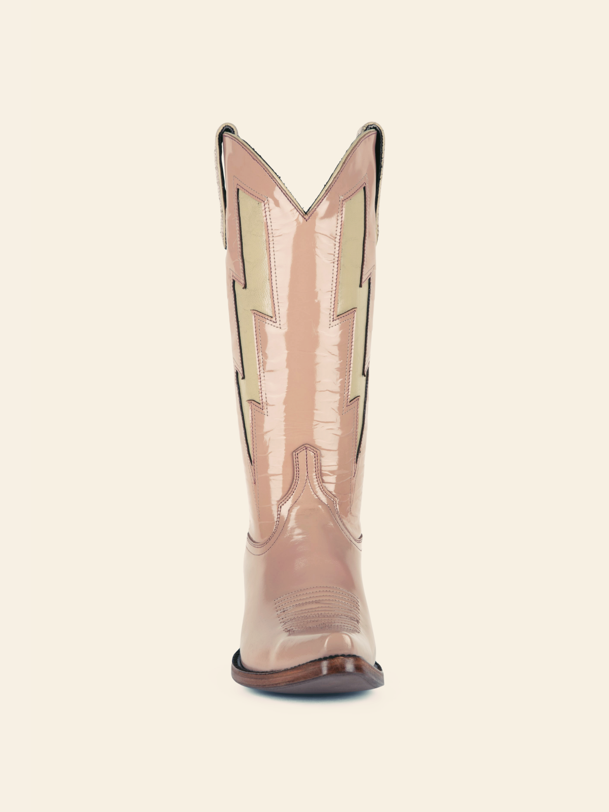 Patent Pink Stitch Snip-Toe Wide Calf Tall Cowgirl Boots With Ivory Lightning Inlay