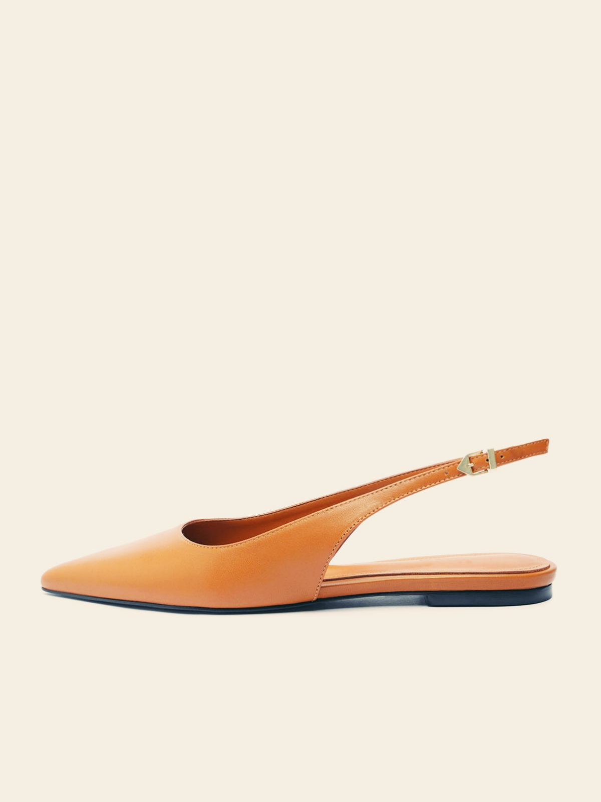 Orange Vegan Leather Pointy Flats Slingbacks With Buckled Back Strap