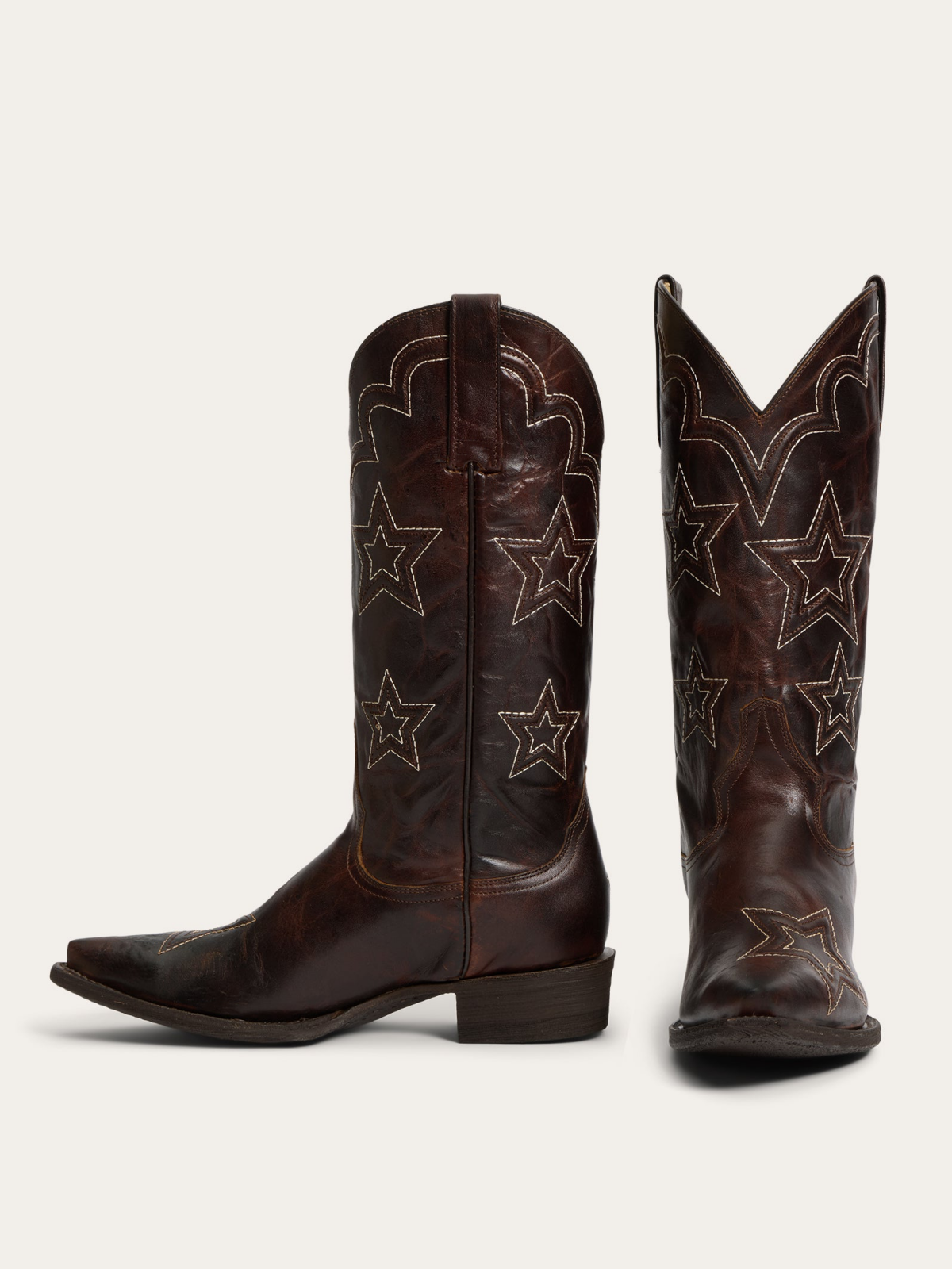 Dark Brown Snip-Toe Star Embroidery Wide Mid Calf Tall Cowgirl Boots