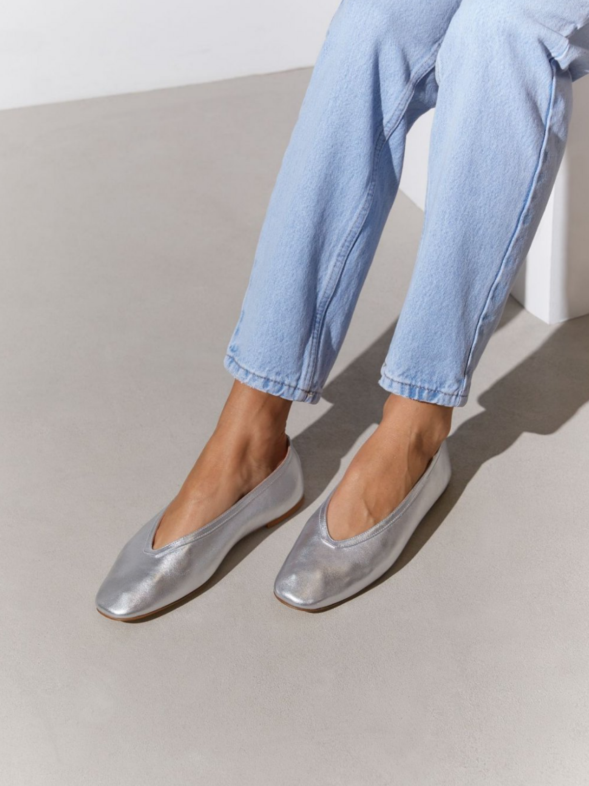 Metallic Silver Square Toe Slip-On Ballet Flats