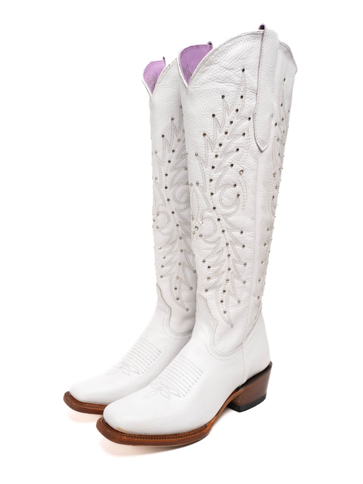 Studded Rhinestone Square-Toe Embroidery Half-Zip Tall Knee High Cowgirl Boots - White