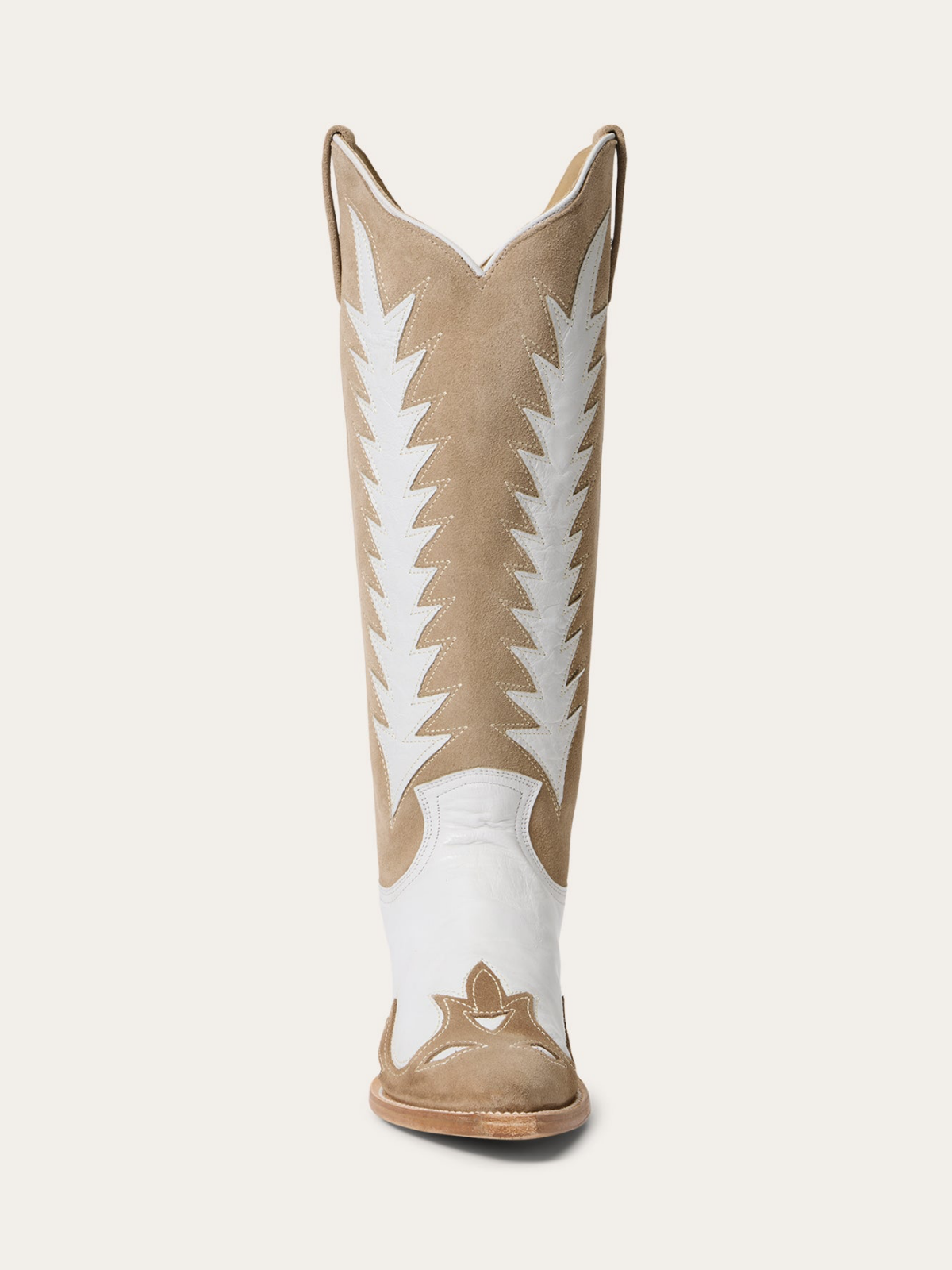 Contrast White And Tan Faux Suede Snip-Toe Flame Applique Wide Mid Calf Tall Cowgirl Boots