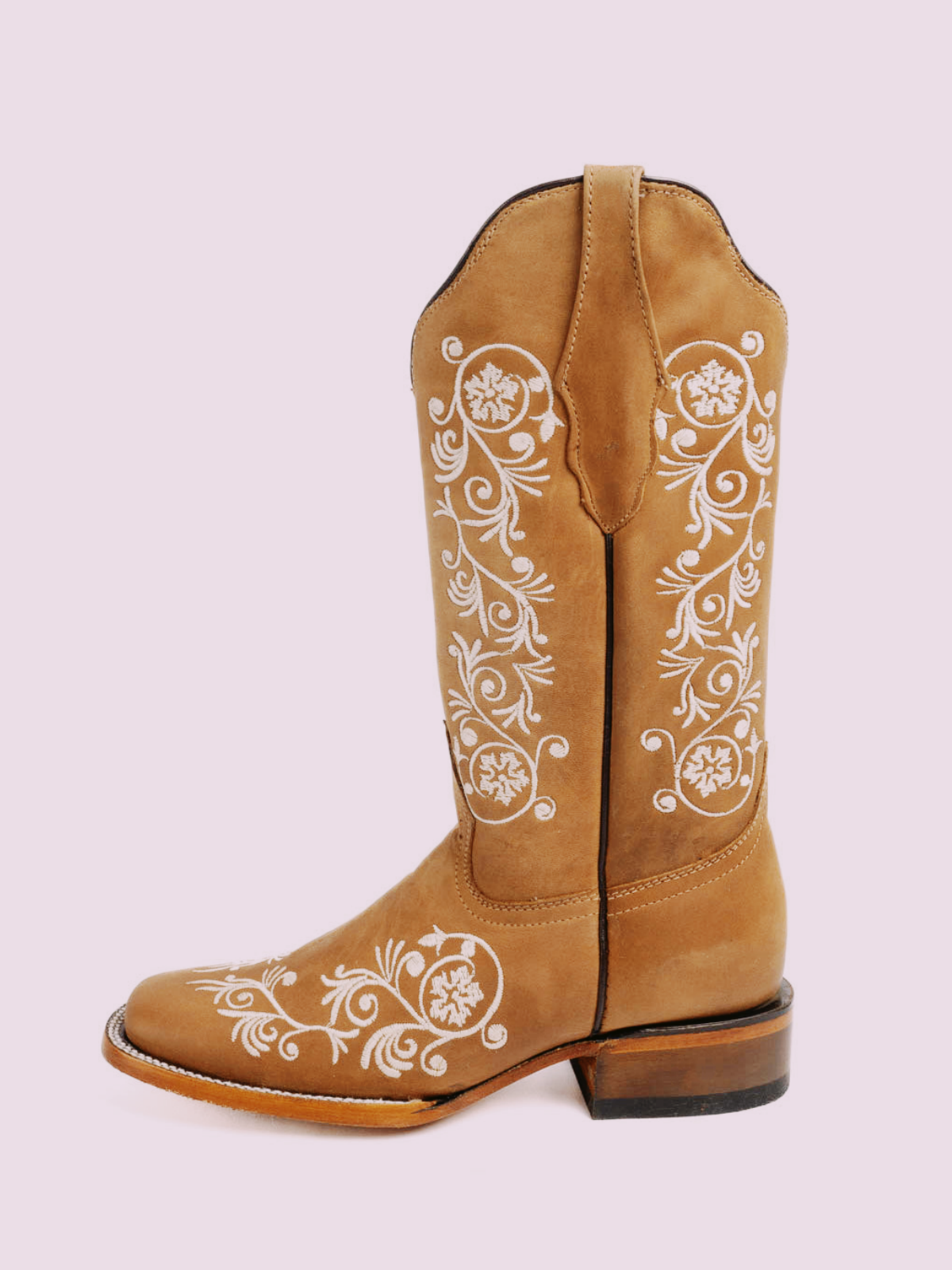 Caramel Square-Toe Floral Embroidery Wide Mid Calf Cowgirl Boots