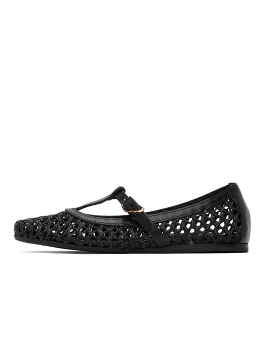 Black Crochet Raffia Woven Ballet Flats With Buckled T-Strap