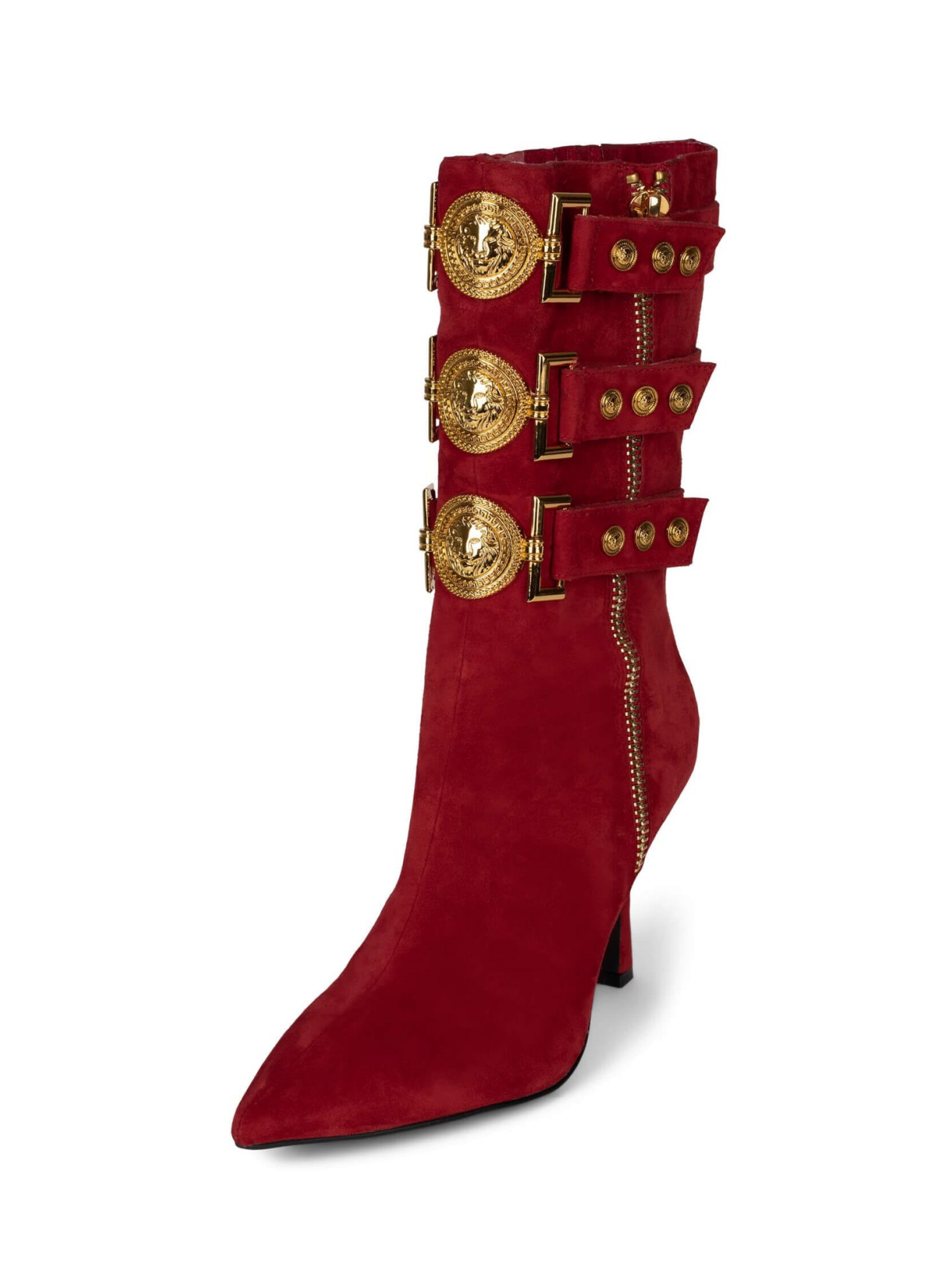 Red Faux Suede Pointed-Toe Full-Zip Mid Calf Stiletto Boots With Straps And Gold Emblem