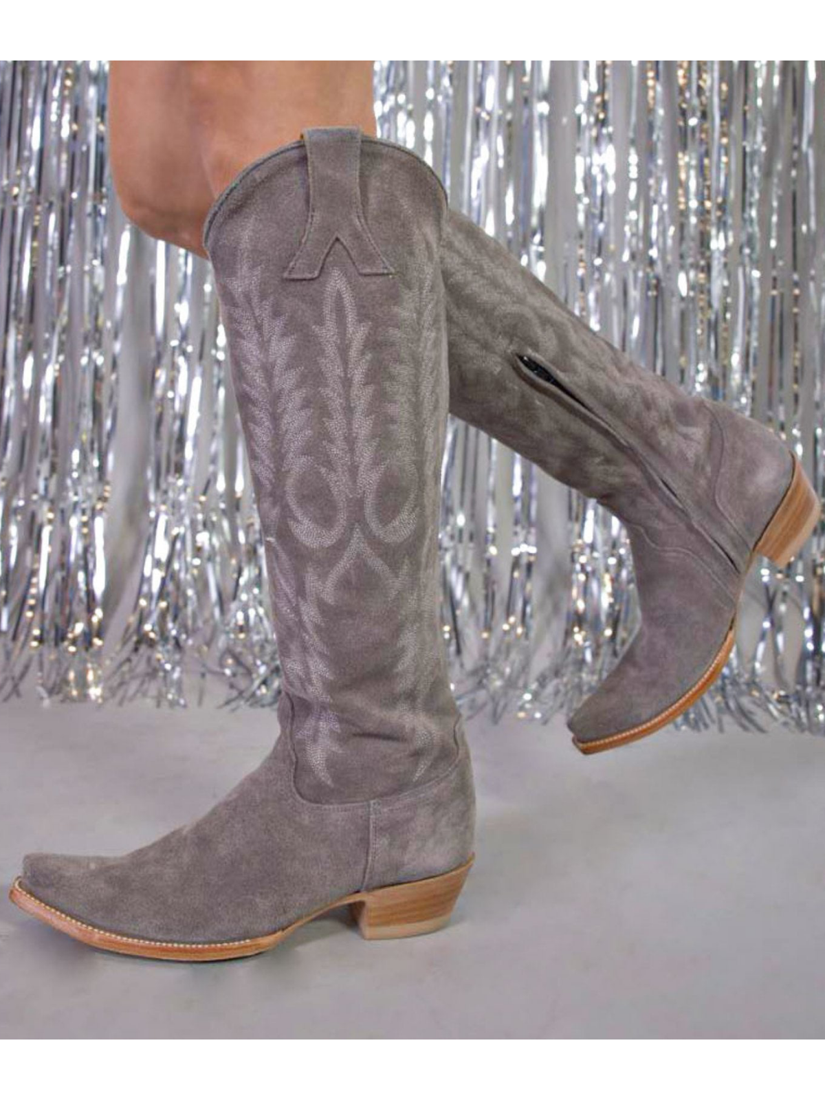 Embroidery Half-Zip Snip-Toe Tall Knee High Cowgirl Boots - Gray Faux Suede