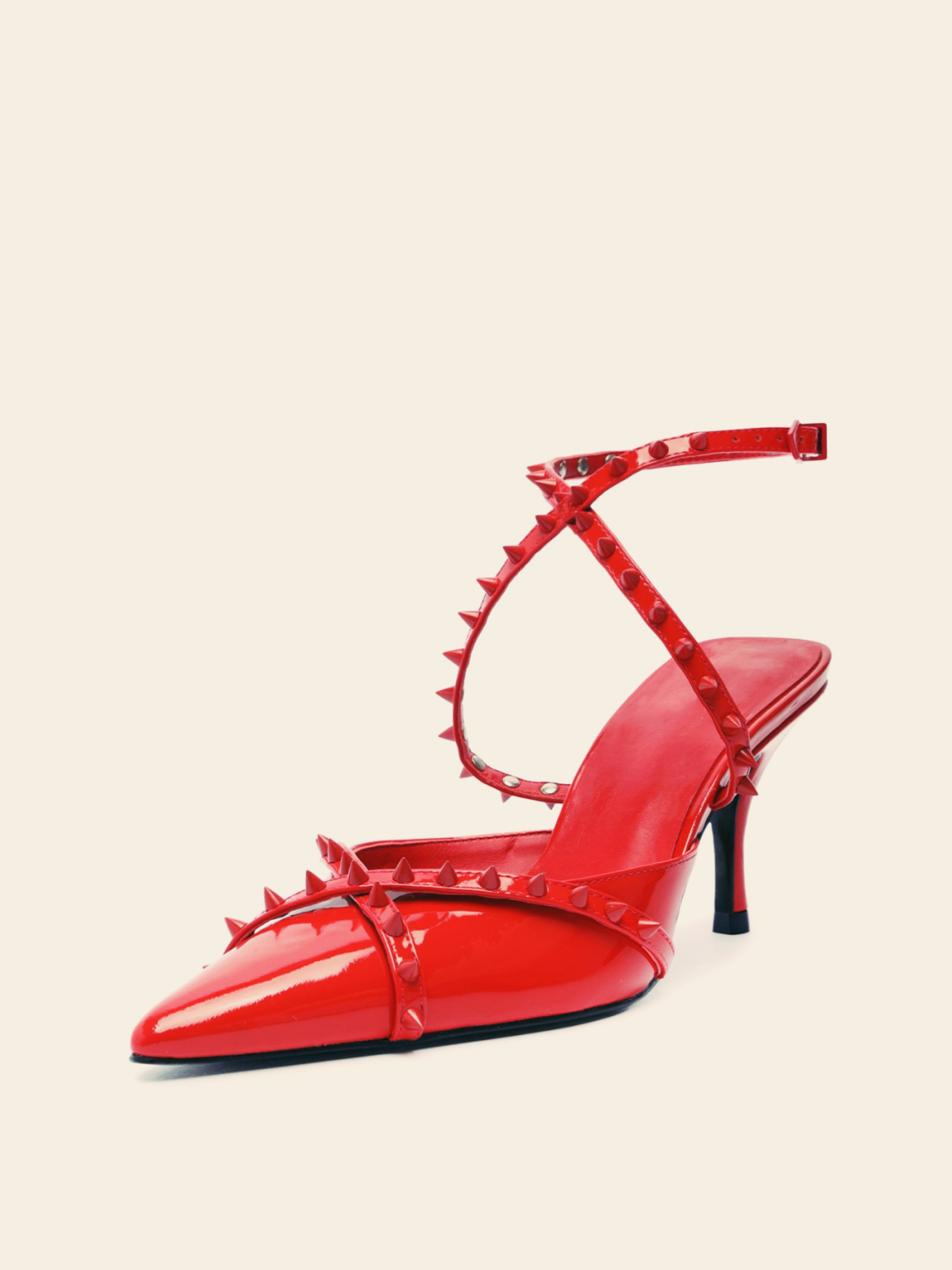 Red Patent Spike Pointy High Heels Pumps With Ankle Wrap Strap