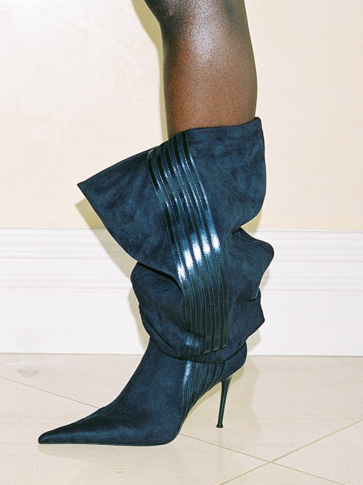 Navy Blue Pointed-Toe Slouchy Wide Calf Over-The-Knee Stiletto Boots With Metallic Stripe