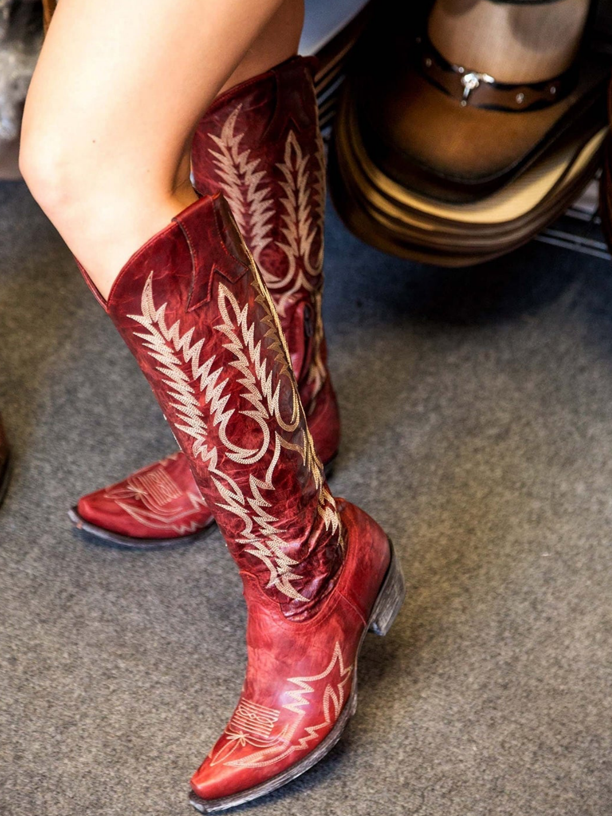 Embroidery Half-Zip Snip-Toe Tall Knee High Cowgirl Boots - Red