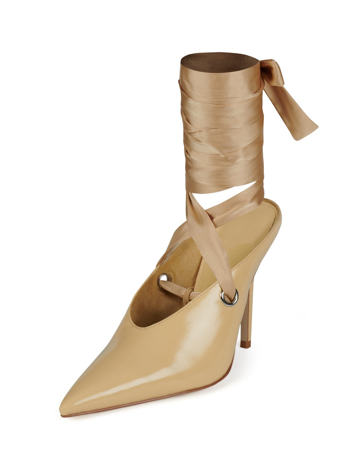 Patent Yellow Pointed-Toe Satin Thick Ankle Strap Pump High Heels