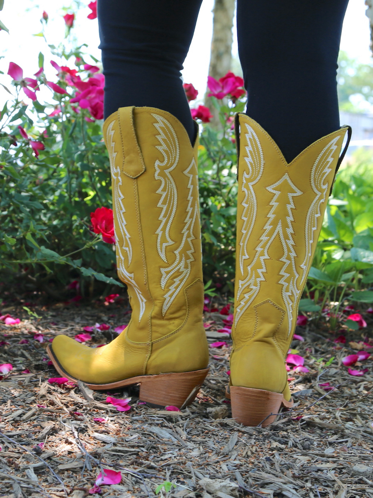 Star And Feather Embroidery Snip-Toe Wide Calf Tall Knee High Cowgirl Boots - Yellow