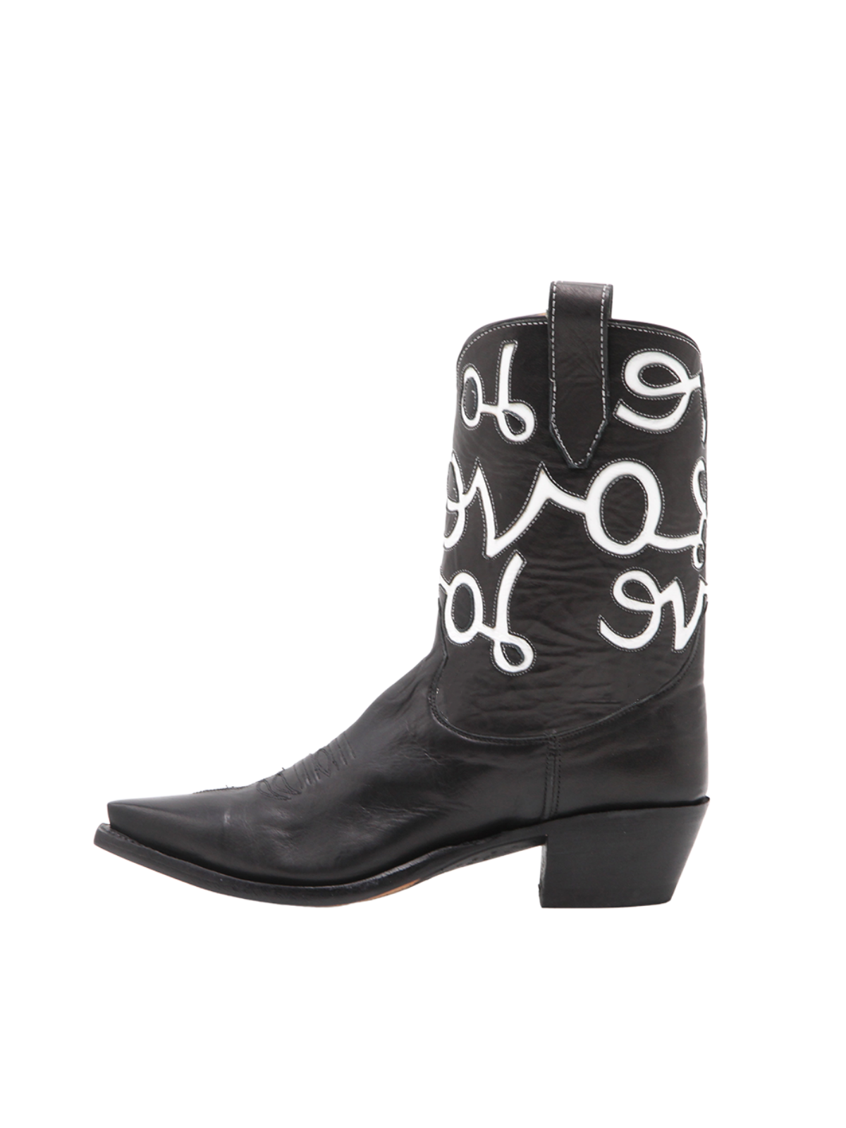 Black Snip-Toe Wide Mid Calf Cowgirl Boots With White LOVE Inlay