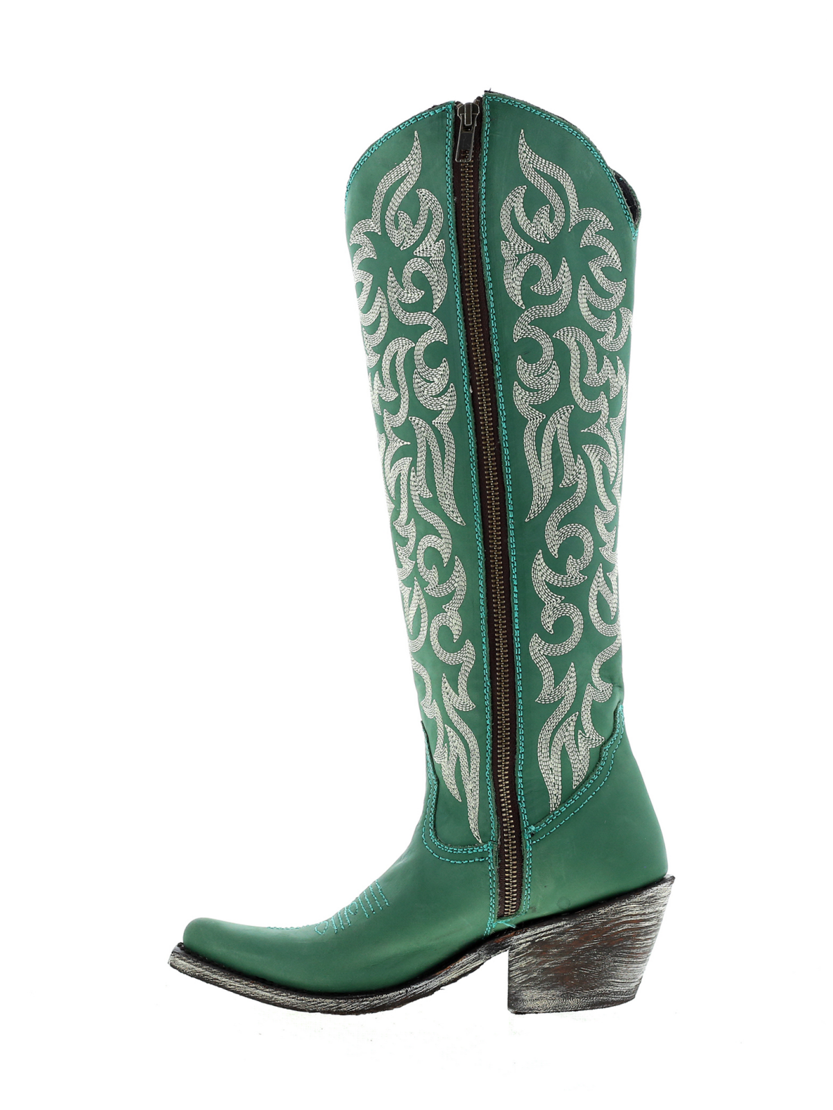 Embroidery Almond-Toe Full-Zip Knee High Tall Cowgirl Boots - Green