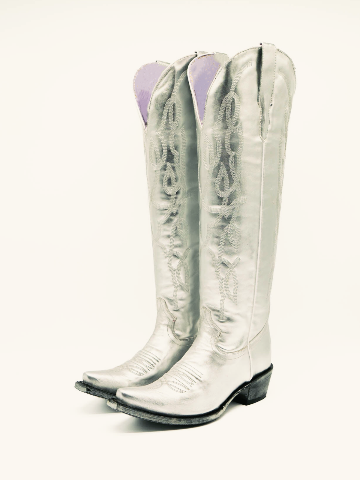 Metallic Silver Embroidery Snip-Toe Wide Calf Western Boots Knee High Tall Boots