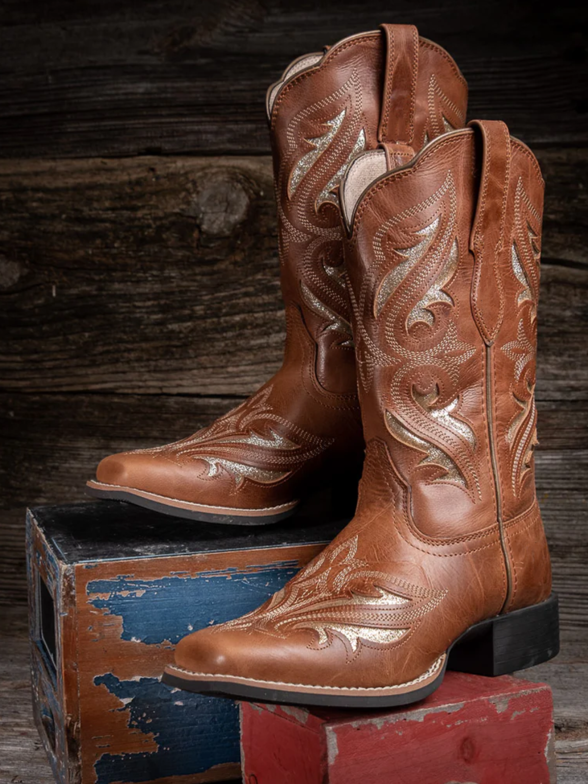 Dark Tan Square-Toe Inlay With Glitter Embroidery Wide Mid Calf Cowgirl Boots