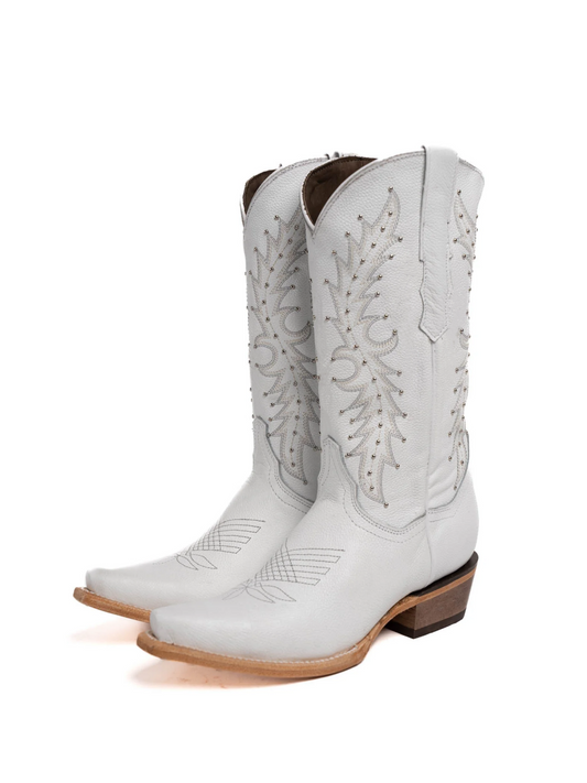 White Embroidery Studded Snip-Toe Wide Mid Calf Cowgirl Tall Boots